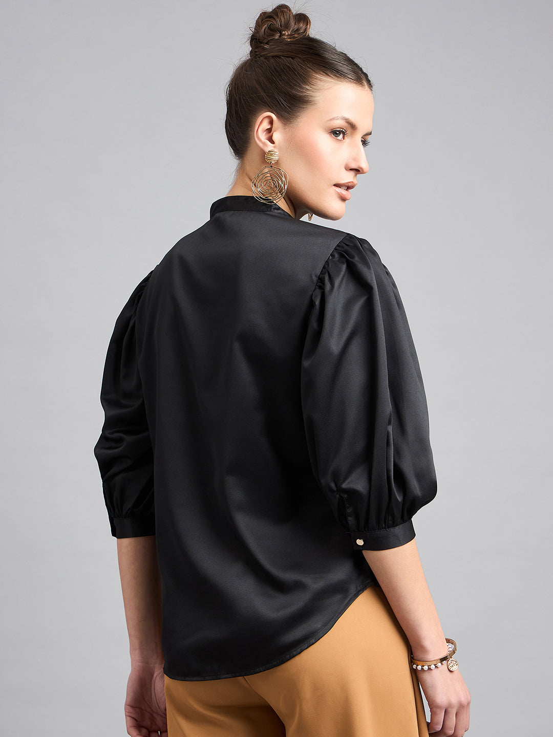 Style Quotient Women Solid Black Satin Regular Fit Party Shirt-Shirts-StyleQuotient