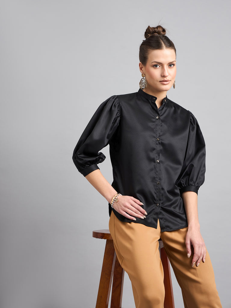 Style Quotient Women Solid Black Satin Regular Fit Party Shirt-Shirts-StyleQuotient