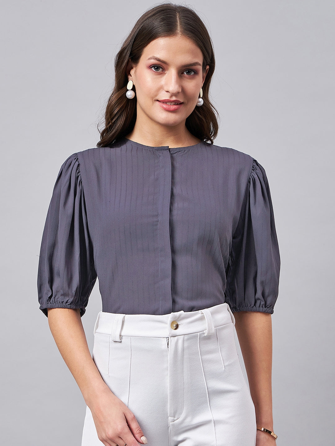 Style Quotient Women Charcoal Grey Self Design Regular Polyester Formal Shirt-Shirts-StyleQuotient