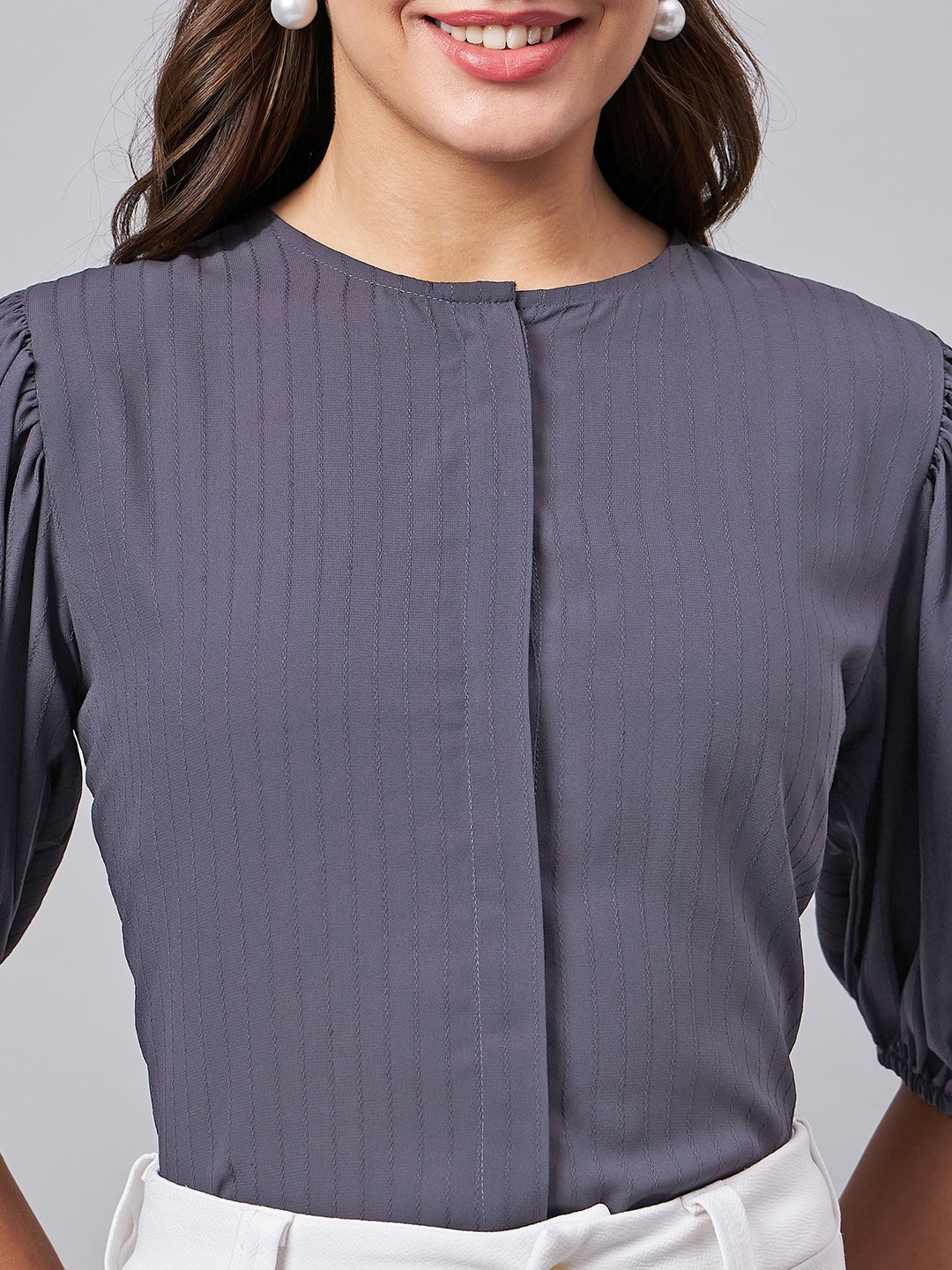 Style Quotient Women Charcoal Grey Self Design Regular Polyester Formal Shirt-Shirts-StyleQuotient