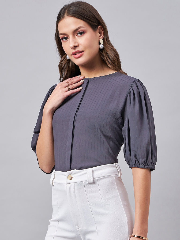 Style Quotient Women Charcoal Grey Self Design Regular Polyester Formal Shirt-Shirts-StyleQuotient