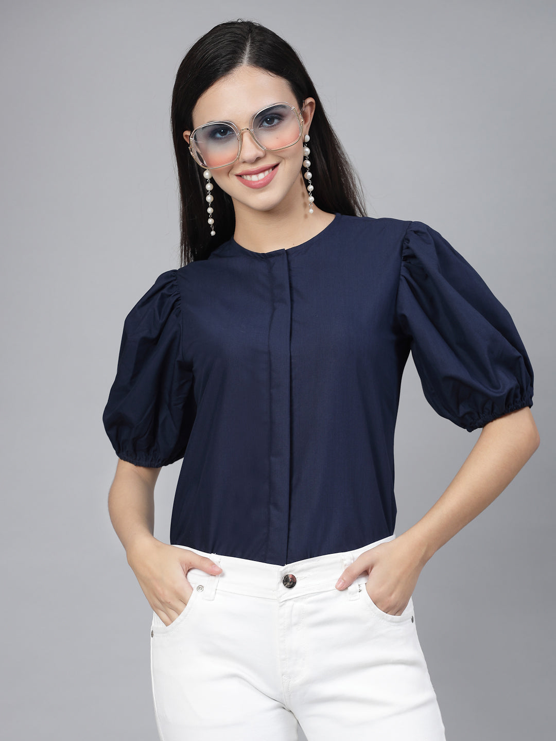 Style Quotient Women Solid Navy Polycotton Regular Formal Shirt-Shirts-StyleQuotient