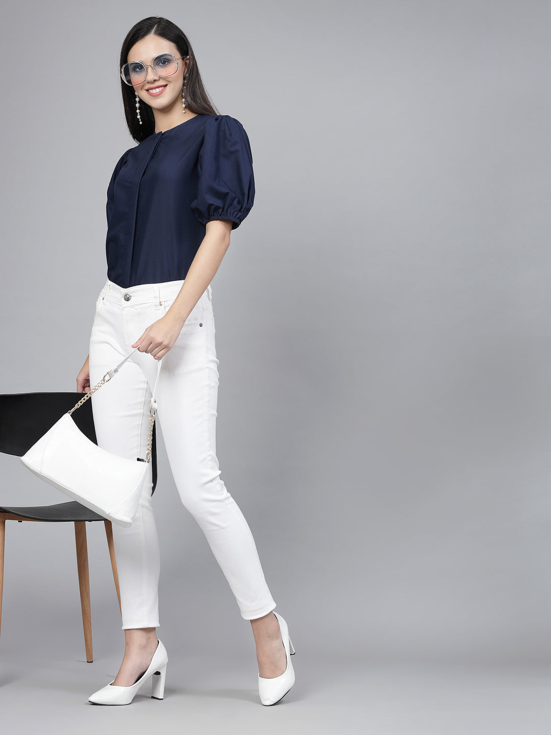 Style Quotient Women Solid Navy Polycotton Regular Formal Shirt-Shirts-StyleQuotient