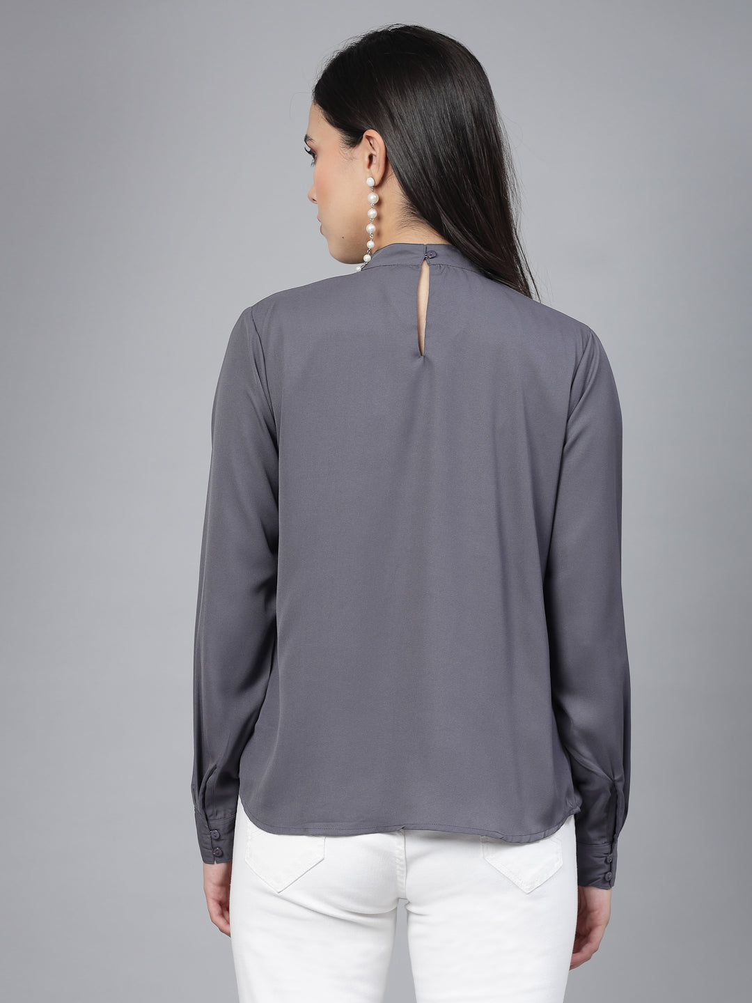 Style Quotient Women Solid Grey Polyester Cutout Smart Formal Top-Tops-StyleQuotient