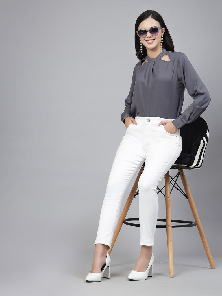 Style Quotient Women Solid Grey Polyester Cutout Smart Formal Top-Tops-StyleQuotient