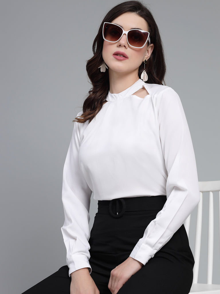 Style Quotient Women Solid White Polyester Cutout Smart Casual Top-Tops-StyleQuotient