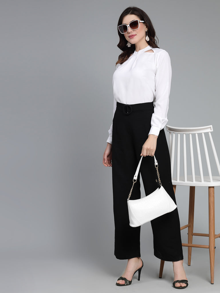 Style Quotient Women Solid White Polyester Cutout Smart Casual Top-Tops-StyleQuotient