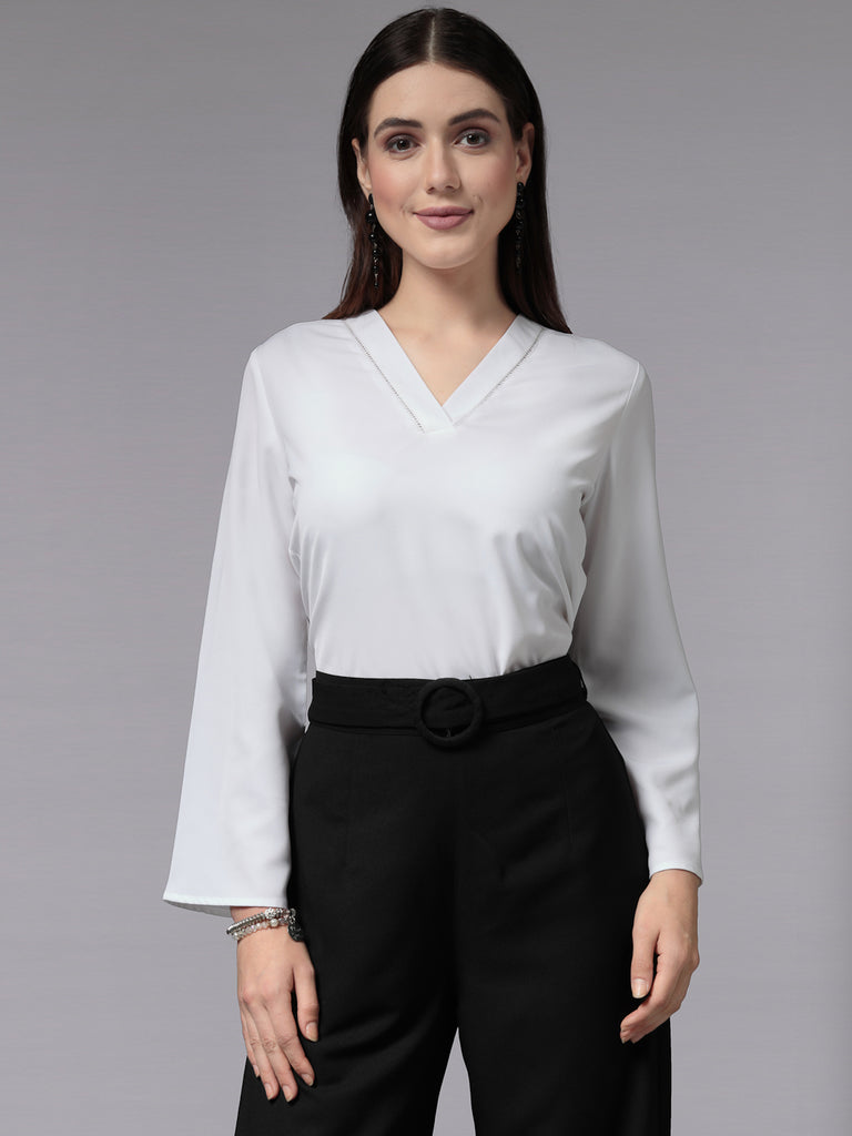 Style Quotient Women Smart White Opaque V-Neck Full Sleeves Smart Top-Tops-StyleQuotient