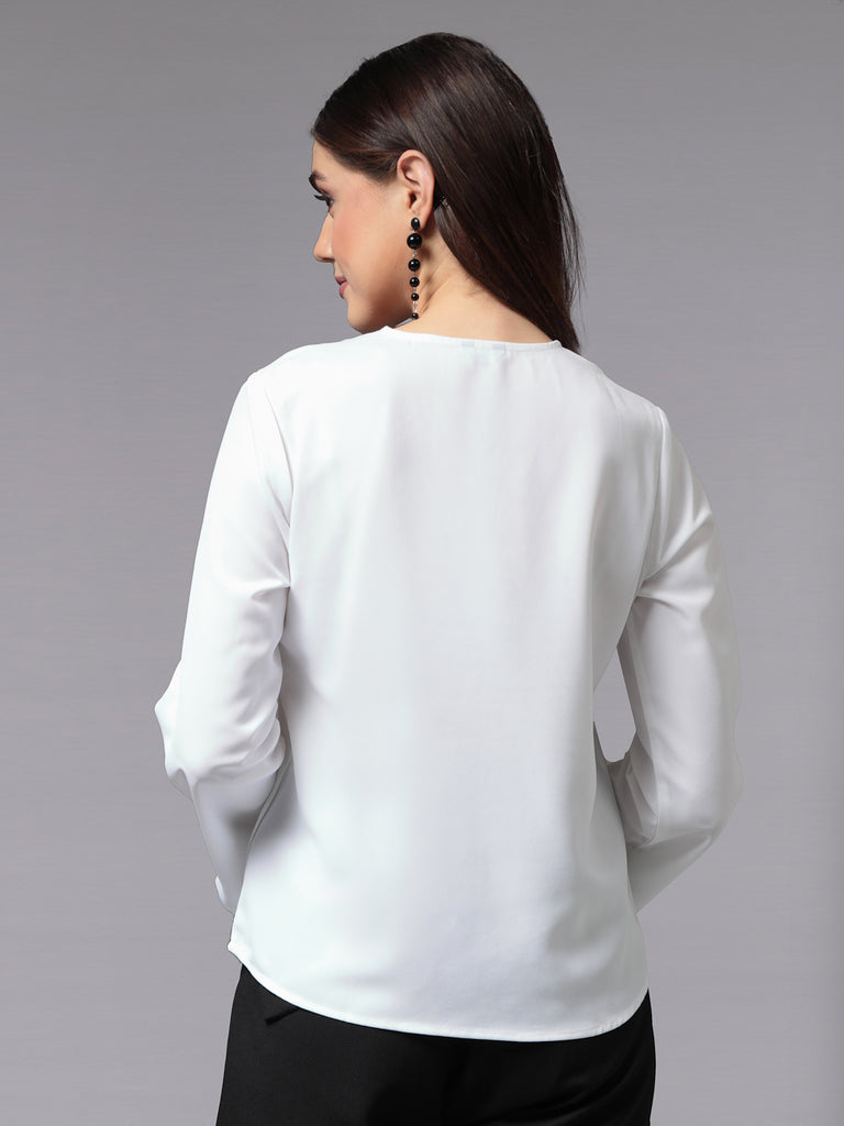 Style Quotient Women Smart White Opaque V-Neck Full Sleeves Smart Top-Tops-StyleQuotient