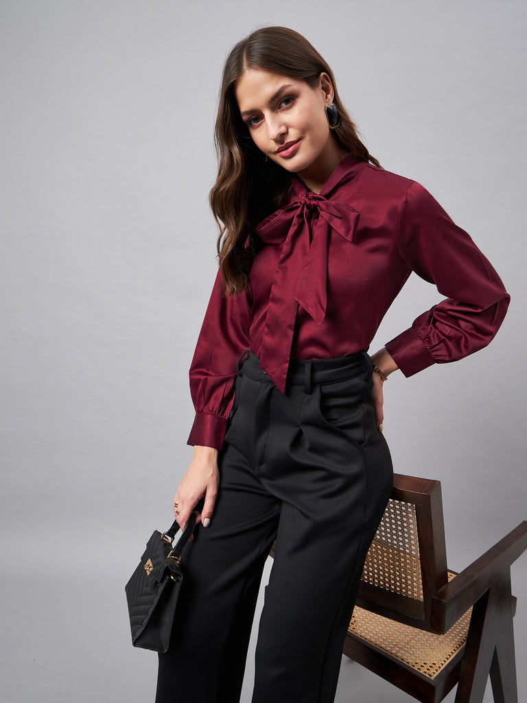 Style Quotient Women Solid Maroon Satin Tie up Regular Formal Shirt-Shirts-StyleQuotient