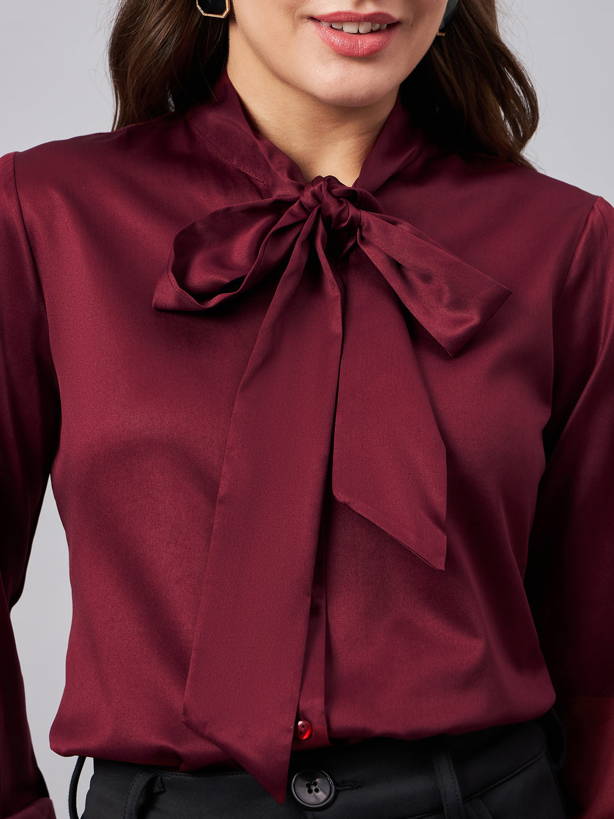 Style Quotient Women Solid Maroon Satin Tie up Regular Formal Shirt-Shirts-StyleQuotient