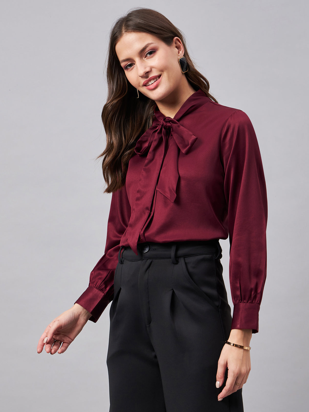 Style Quotient Women Solid Maroon Satin Tie up Regular Formal Shirt-Shirts-StyleQuotient