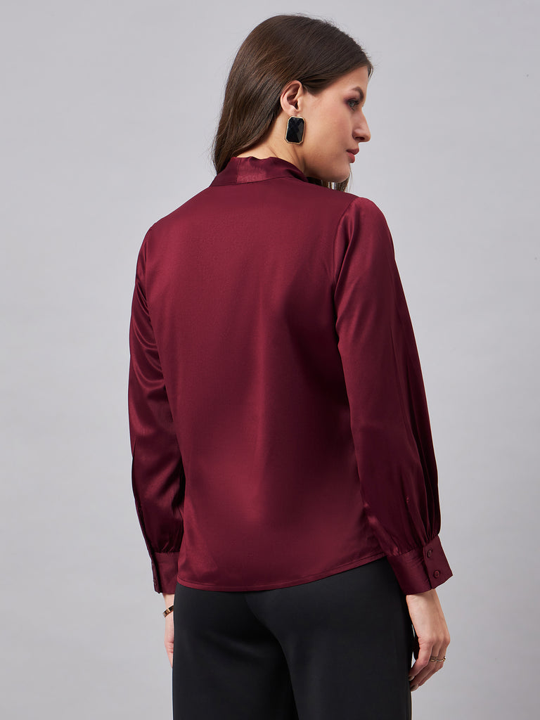 Style Quotient Women Solid Maroon Satin Tie up Regular Formal Shirt-Shirts-StyleQuotient