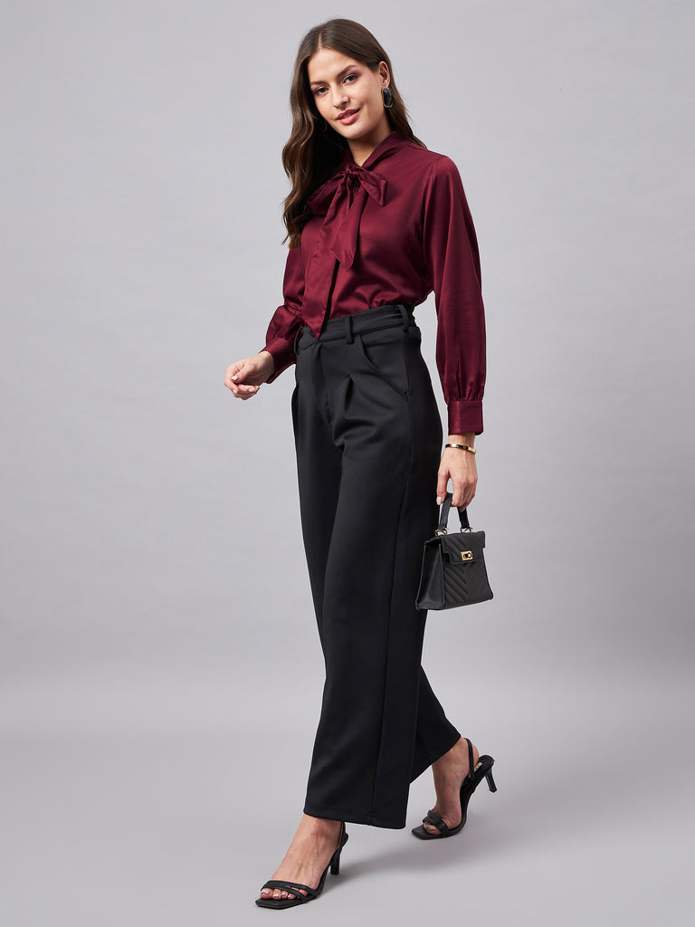 Style Quotient Women Solid Maroon Satin Tie up Regular Formal Shirt-Shirts-StyleQuotient