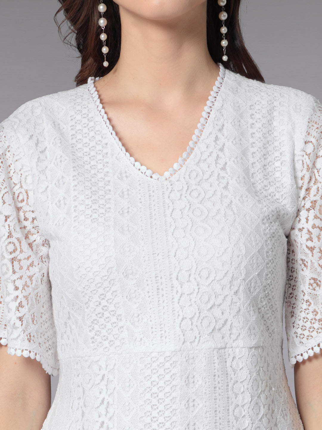 Style Quotient Women Smart Casual White Knee-Length Lace Dress