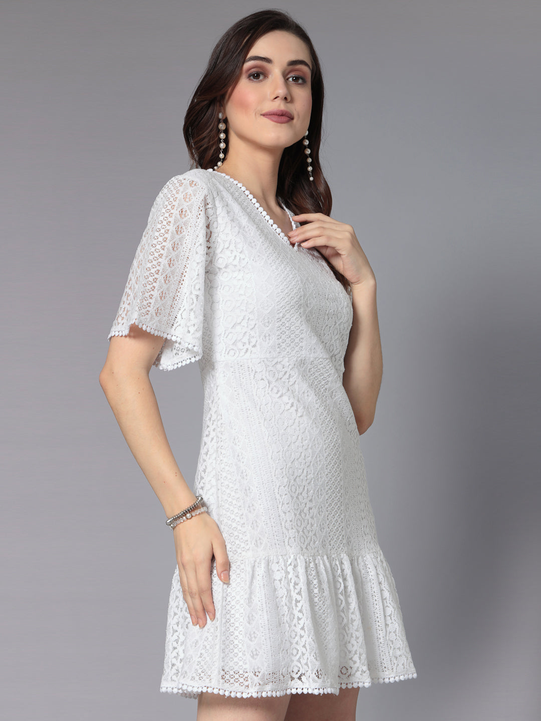 Style Quotient Women Smart Casual White Knee-Length Lace Dress-Dressers-StyleQuotient