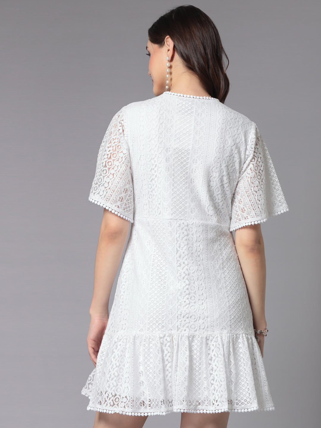 Style Quotient Women Smart Casual White Knee-Length Lace Dress-Dressers-StyleQuotient