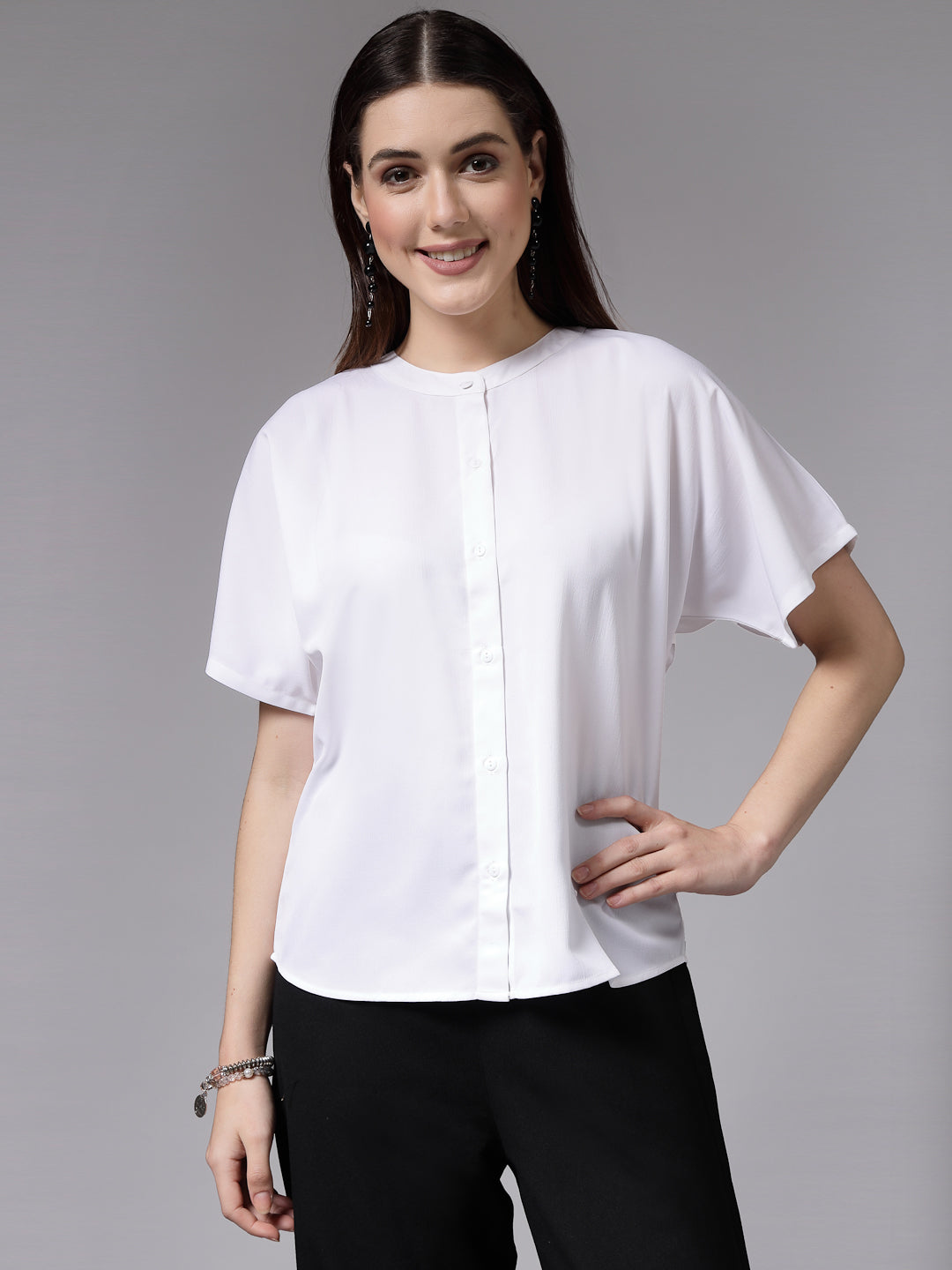 Style Quotient Women White Relaxed Fit Classic Smart Short Sleeved Shirt-Shirts-StyleQuotient