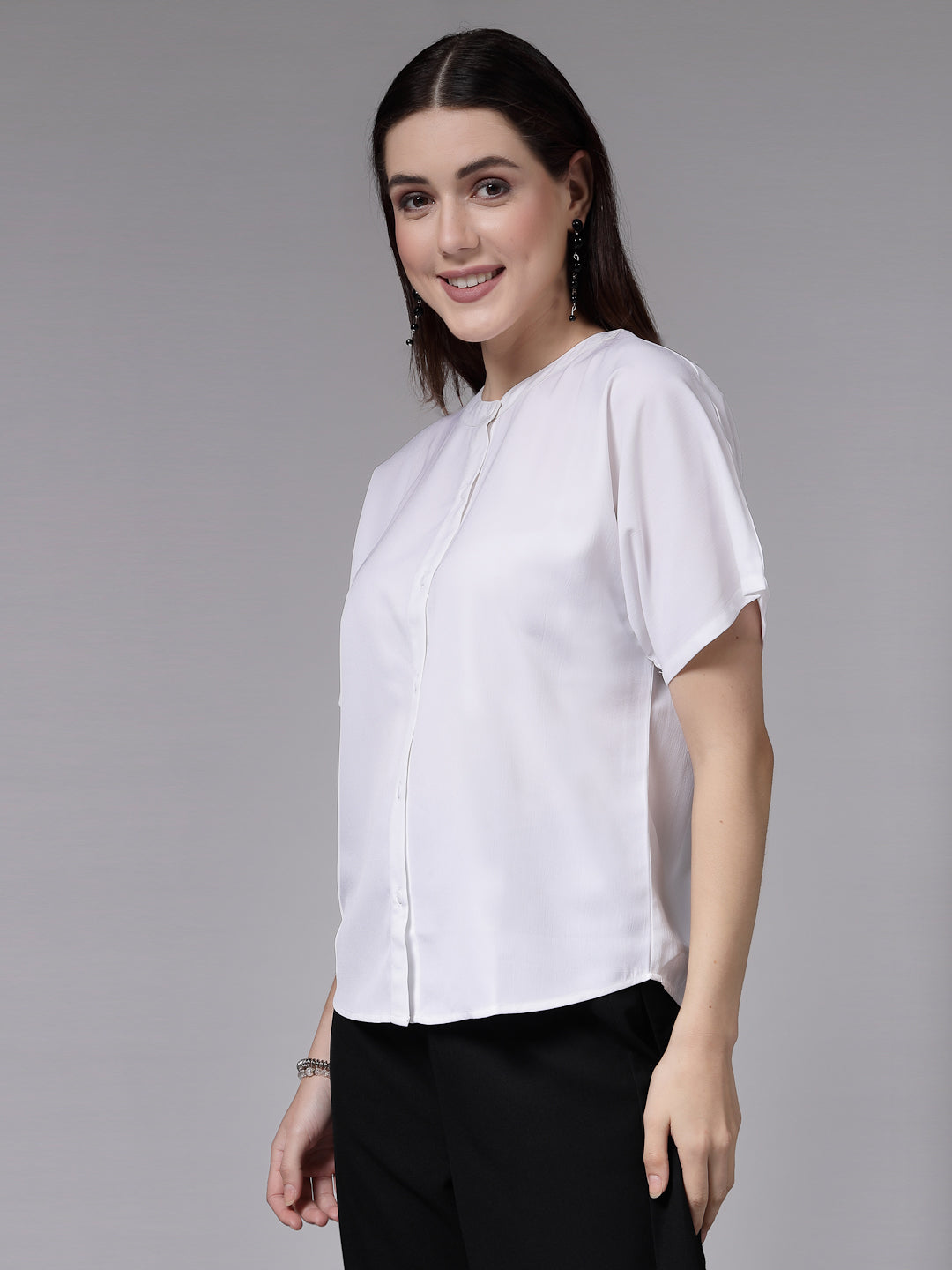 Style Quotient Women White Relaxed Fit Classic Smart Short Sleeved Shirt-Shirts-StyleQuotient