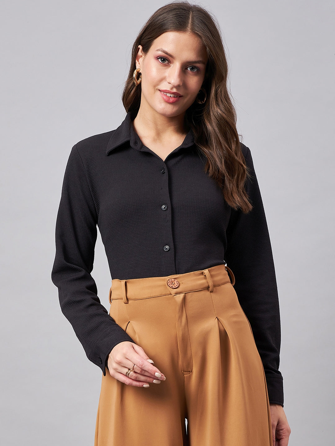 Style Quotient Women Smart Black Knit Spread Collar Full Sleeve Shirt-Shirts-StyleQuotient