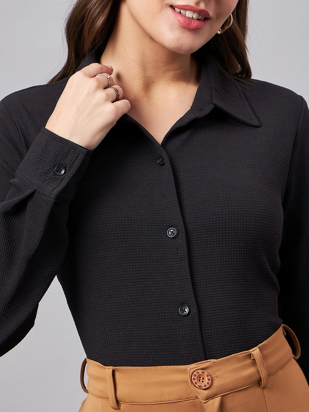 Style Quotient Women Smart Black Knit Spread Collar Full Sleeve Shirt-Shirts-StyleQuotient