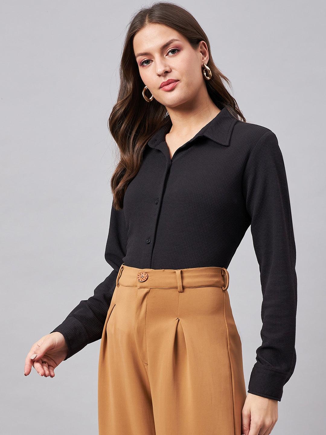 Style Quotient Women Smart Black Knit Spread Collar Full Sleeve Shirt-Shirts-StyleQuotient