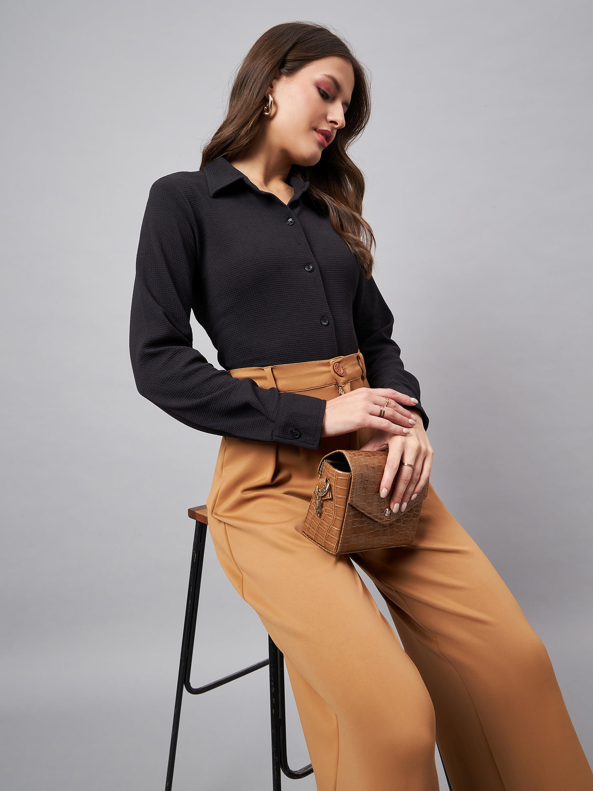 Style Quotient Women Smart Black Knit Spread Collar Full Sleeve Shirt-Shirts-StyleQuotient