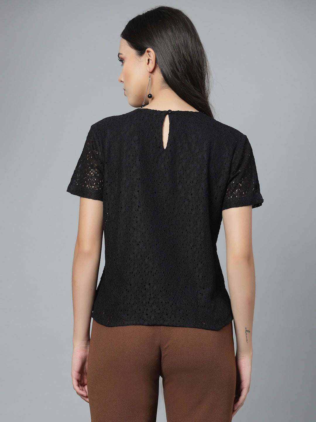 Style Quotient Women Black Self Design Cotton Lace Regular Smart Casual Top-Tops-StyleQuotient