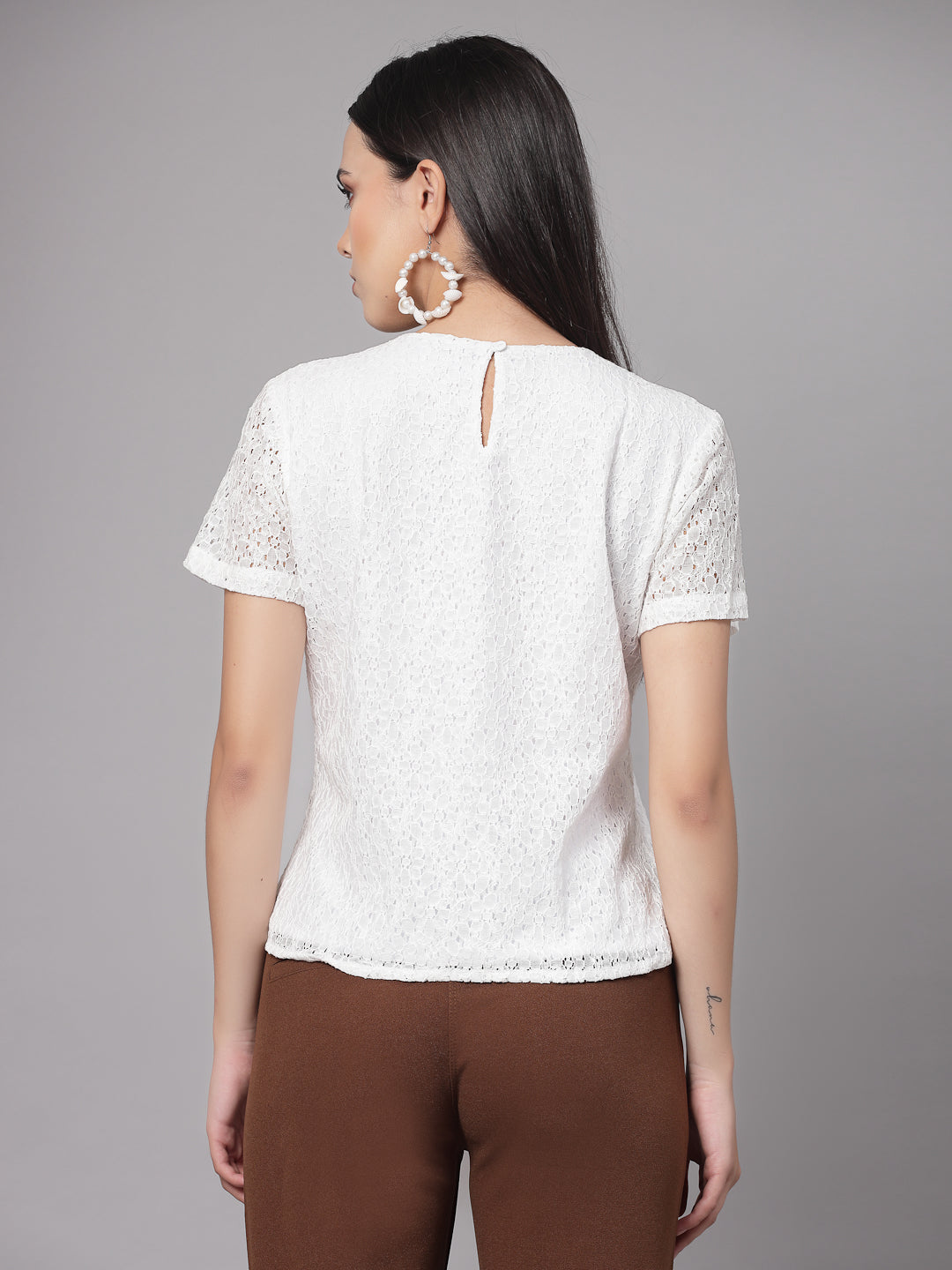 Style Quotient Women White Self Design Cotton Lace Regular Smart Casual Top-Tops-StyleQuotient