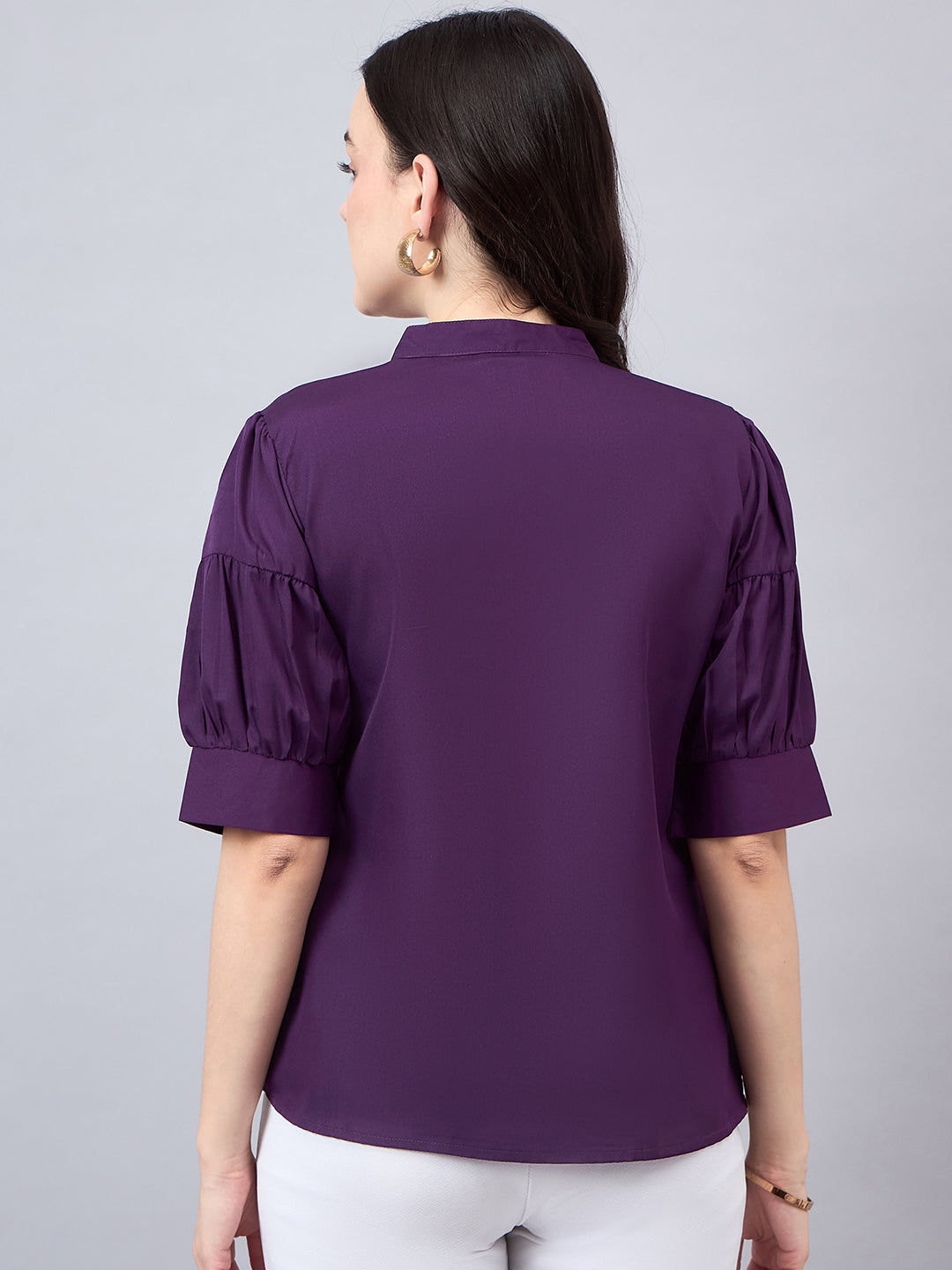 Style Quotient Women Purple Mandarin Collar Puff Sleeves Crepe Regular Top-Tops-StyleQuotient