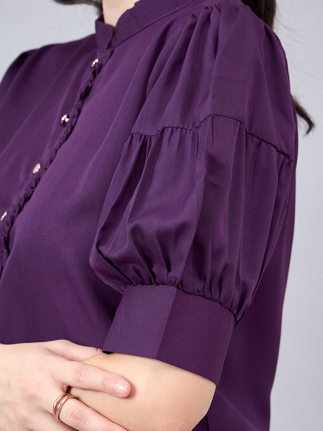 Style Quotient Women Purple Mandarin Collar Puff Sleeves Crepe Regular Top-Tops-StyleQuotient