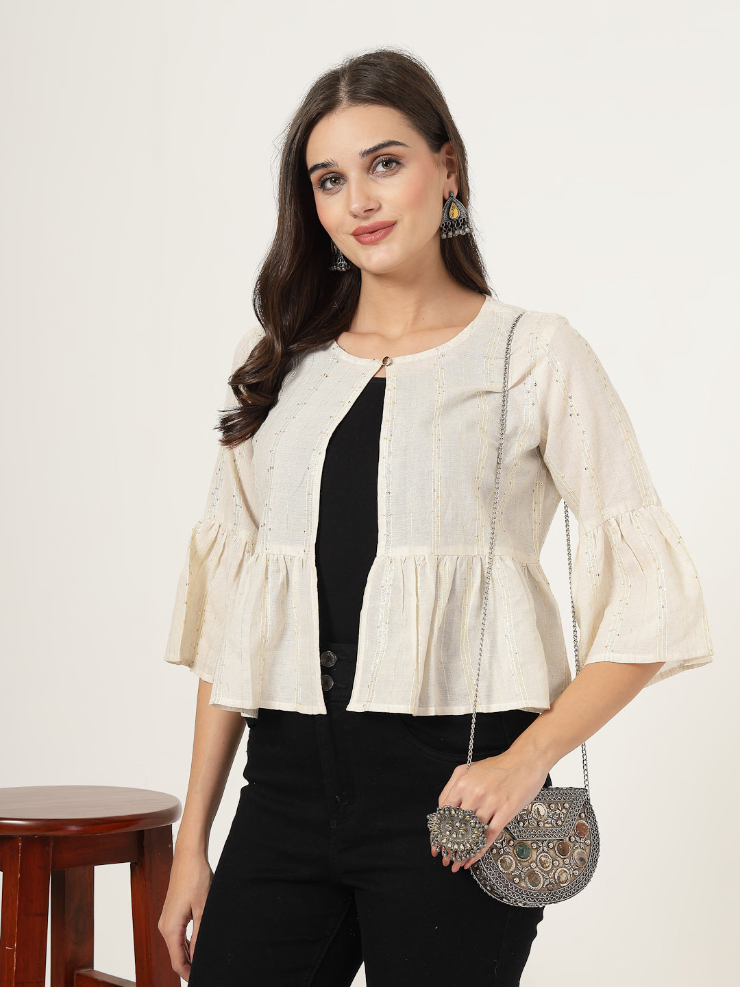 Style Quotient Women Solid Texture Ivory Peplum Fit Open Front Waist length Shrug-Shrug-StyleQuotient