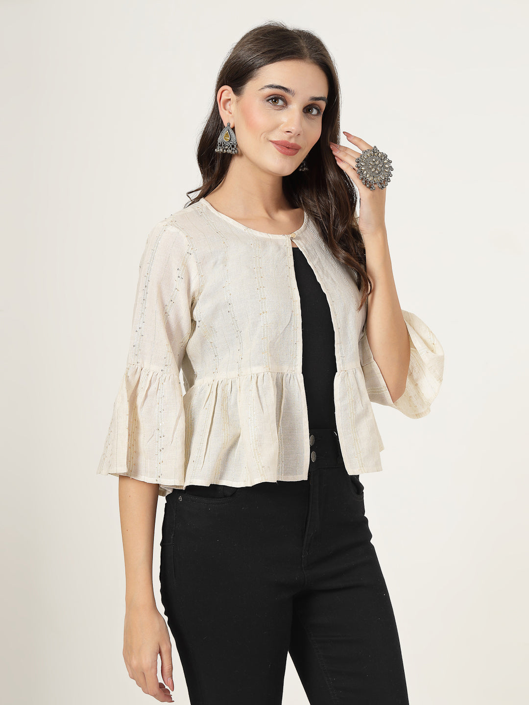 Style Quotient Women Solid Texture Ivory Peplum Fit Open Front Waist length Shrug-Shrug-StyleQuotient