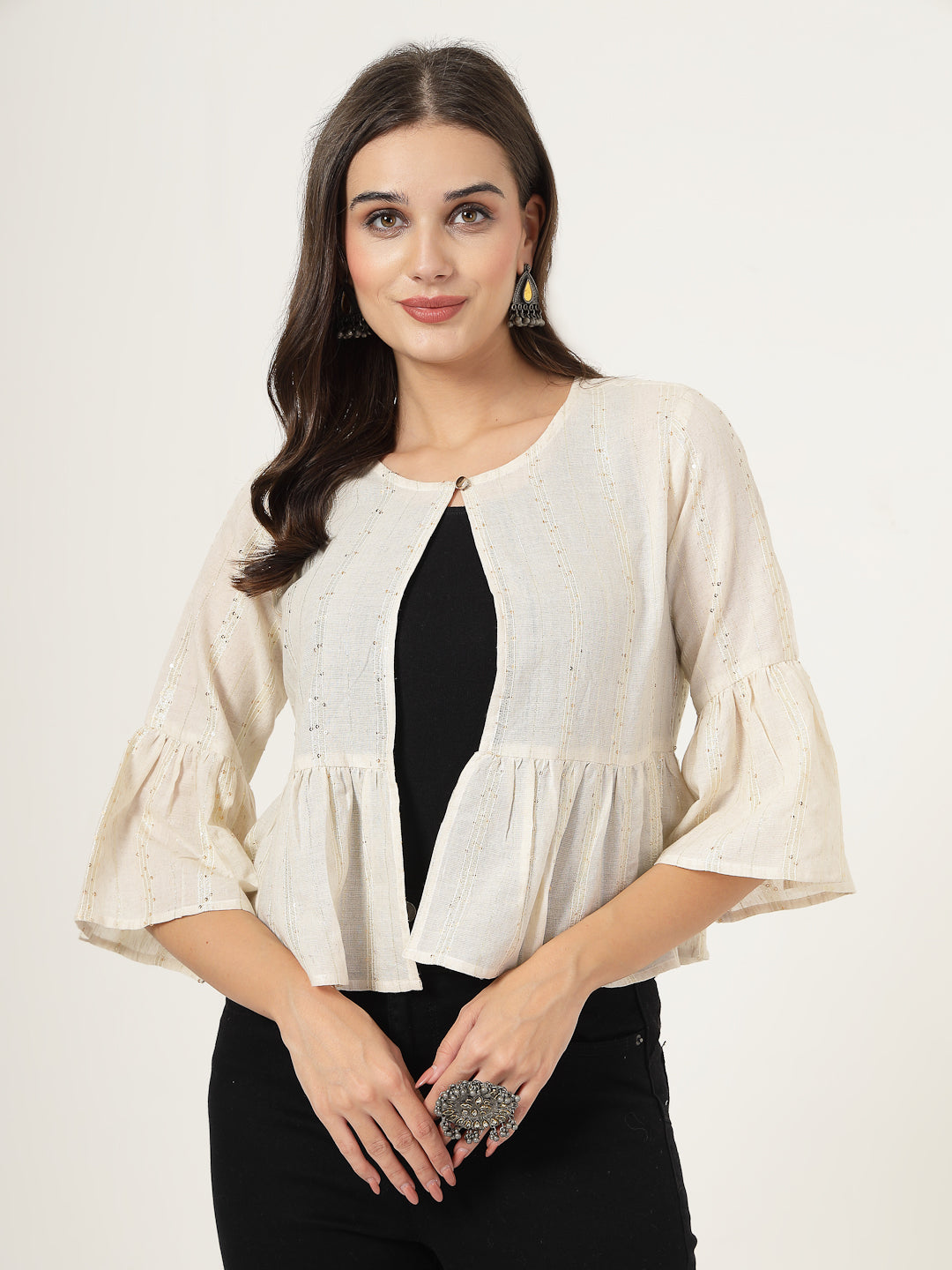 Style Quotient Women Solid Texture Ivory Peplum Fit Open Front Waist length Shrug-Shrug-StyleQuotient