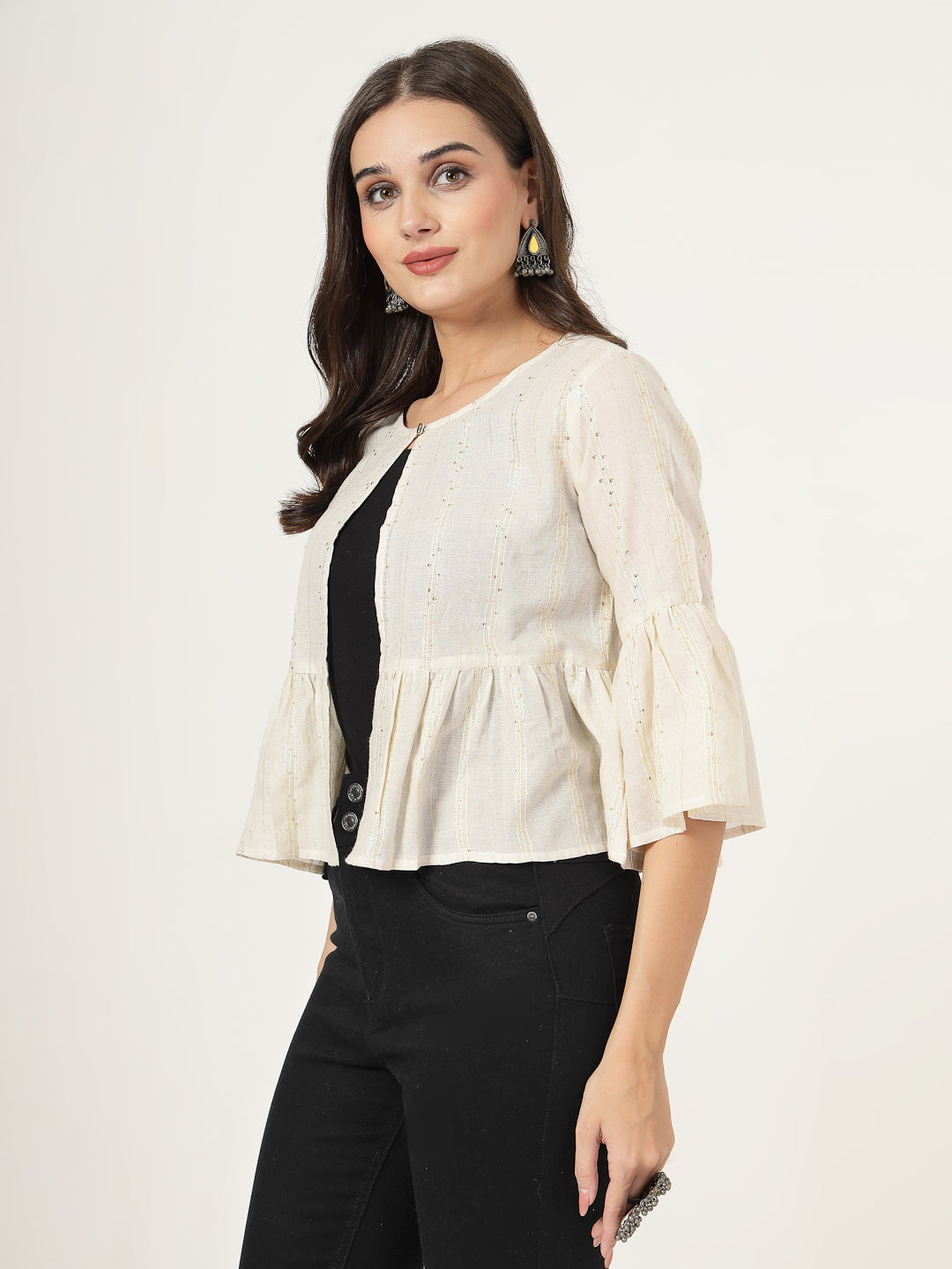 Style Quotient Women Solid Texture Ivory Peplum Fit Open Front Waist length Shrug-Shrug-StyleQuotient