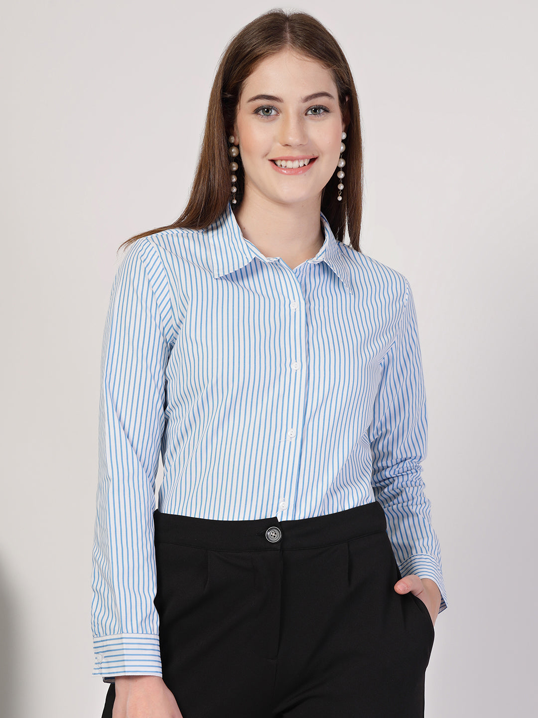 Style Quotient Women Blue White stripe shirt-Shirts-StyleQuotient