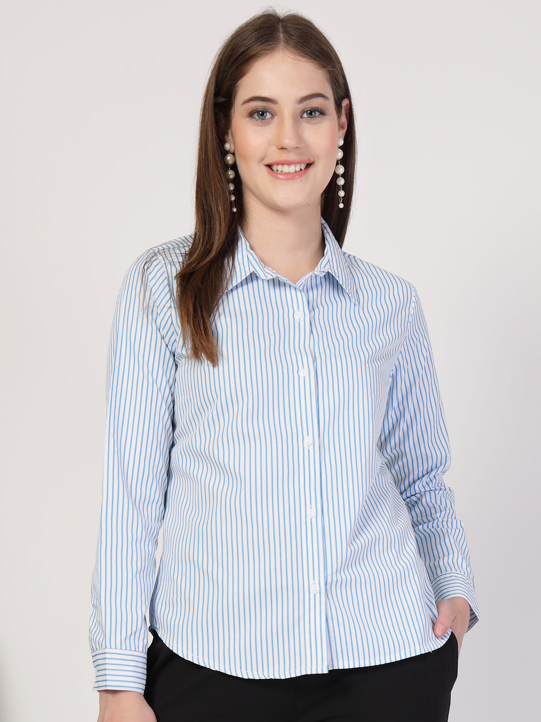 Style Quotient Women Blue White stripe shirt-Shirts-StyleQuotient