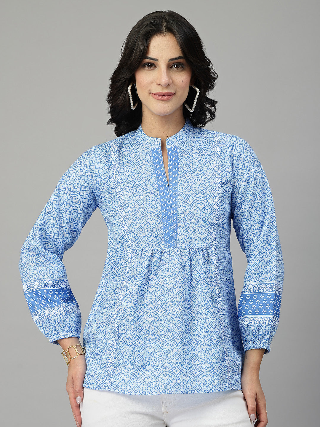 Style Quotient Women Blue and White Rayon Tunic Top-Tops-StyleQuotient