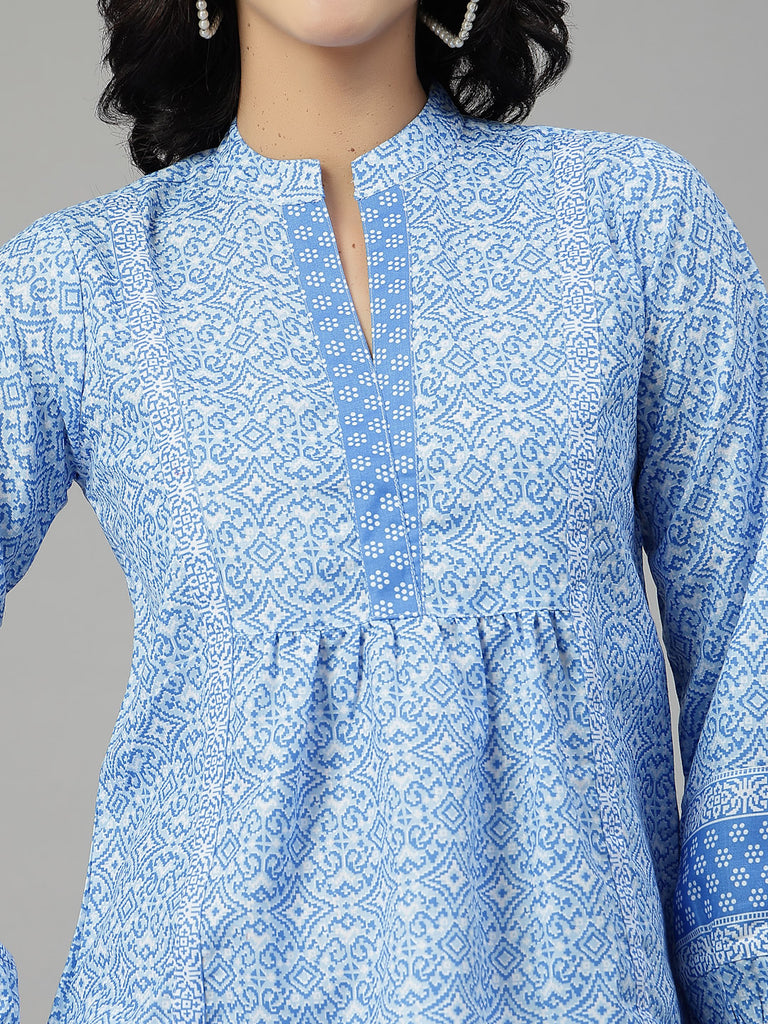 Style Quotient Women Blue and White Rayon Tunic Top-Tops-StyleQuotient