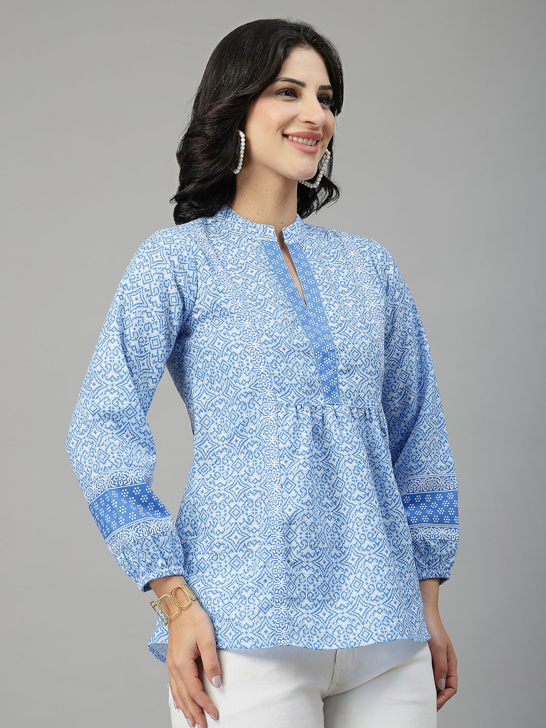 Style Quotient Women Blue and White Rayon Tunic Top-Tops-StyleQuotient