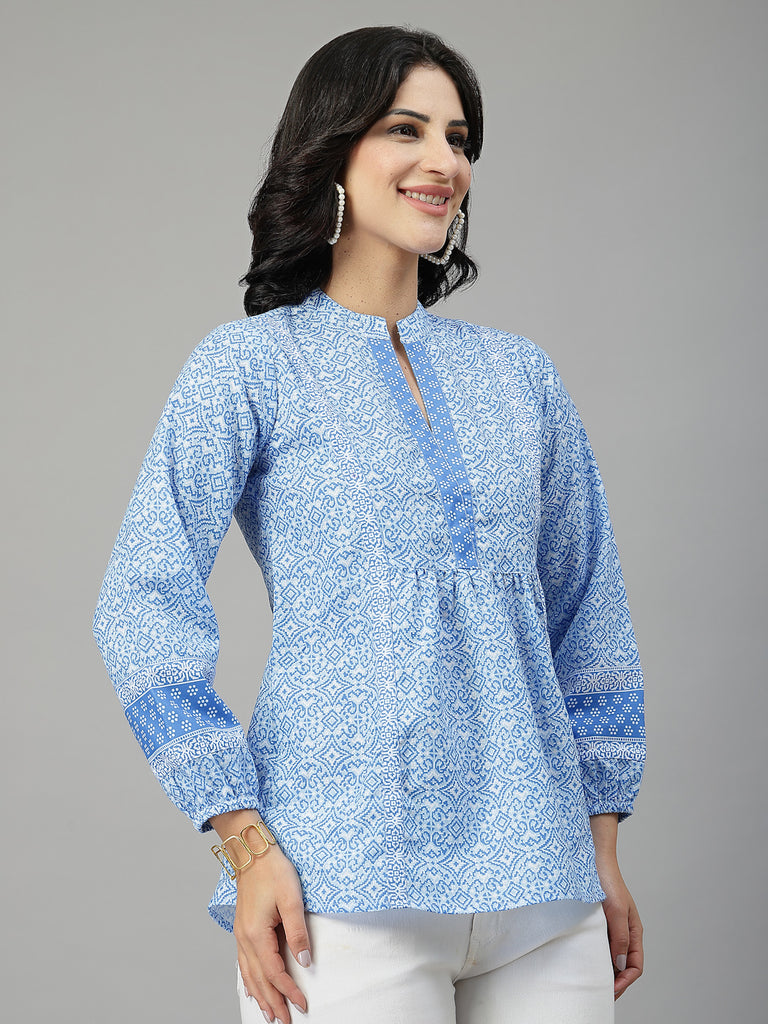 Style Quotient Women Blue and White Rayon Tunic Top-Tops-StyleQuotient