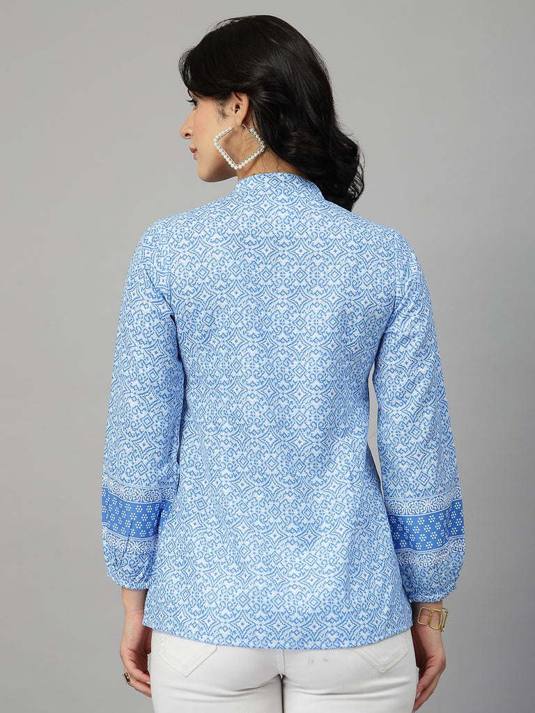 Style Quotient Women Blue and White Rayon Tunic Top-Tops-StyleQuotient