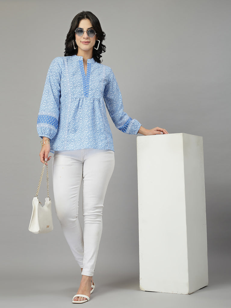 Style Quotient Women Blue and White Rayon Tunic Top-Tops-StyleQuotient