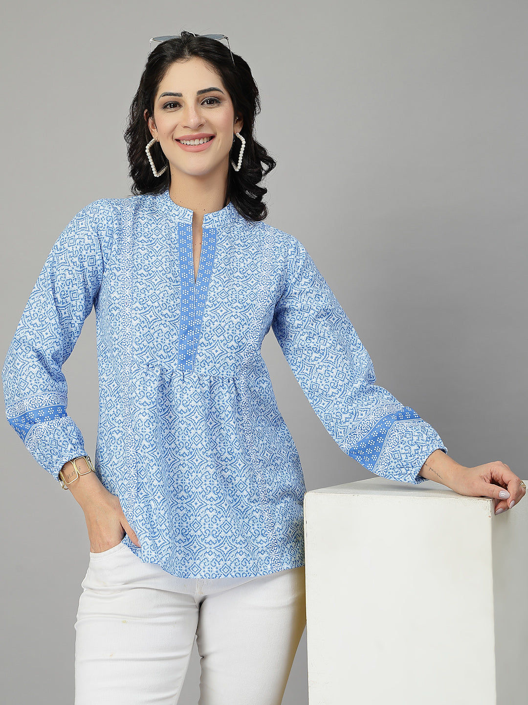 Style Quotient Women Blue and White Rayon Tunic Top-Tops-StyleQuotient