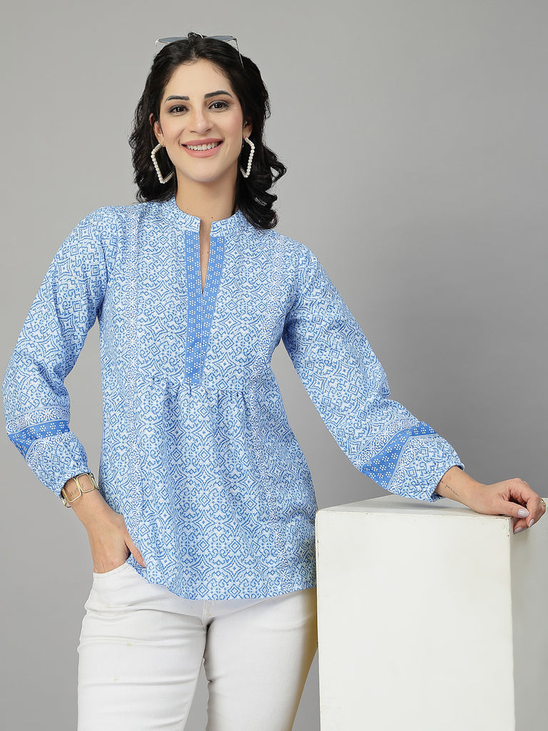 Style Quotient Women Blue and White Rayon Tunic Top-Tops-StyleQuotient
