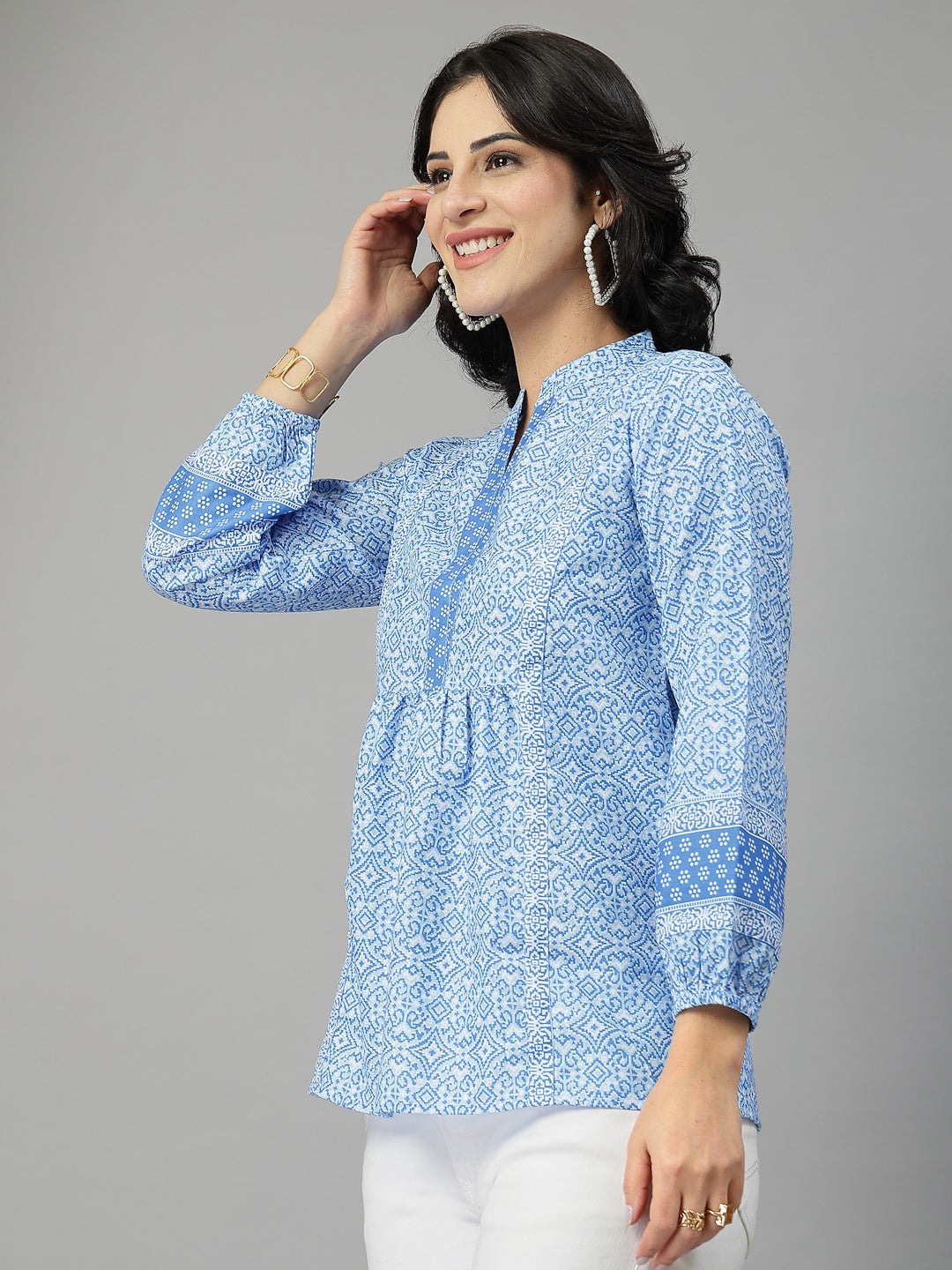 Style Quotient Women Blue and White Rayon Tunic Top-Tops-StyleQuotient
