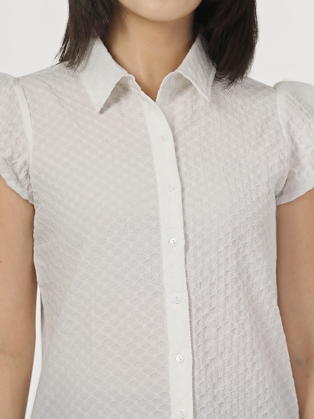 Style Quotient Women White Solid Texture Polyester Cap Sleeve Formal Shirt-Shirts-StyleQuotient