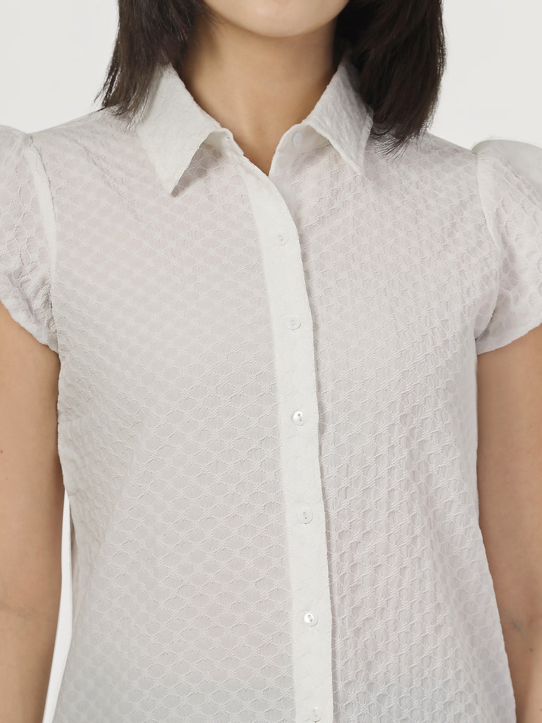 Style Quotient Women White Solid Texture Polyester Cap Sleeve Formal Shirt-Shirts-StyleQuotient
