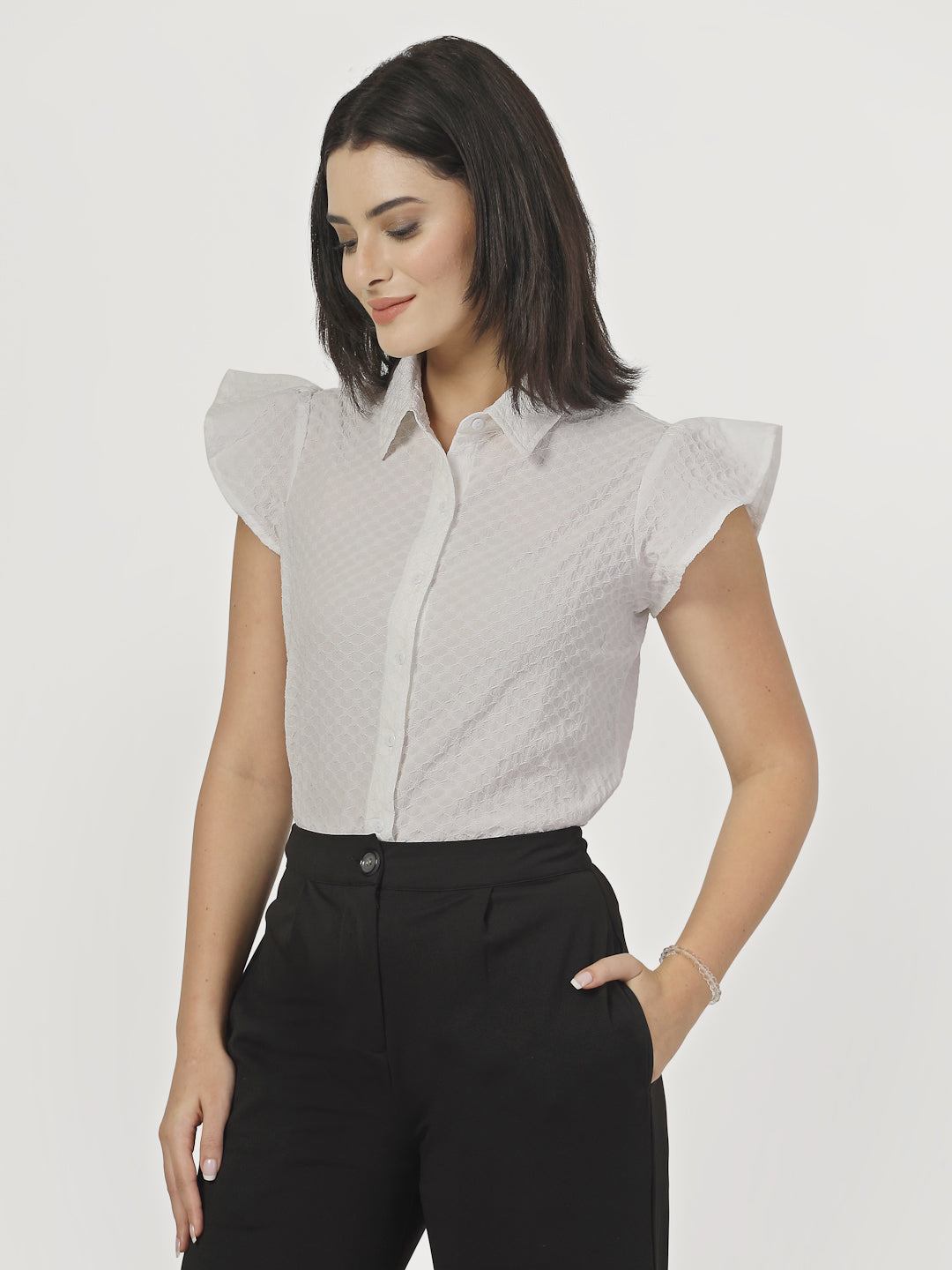 Style Quotient Women White Solid Texture Polyester Cap Sleeve Formal Shirt-Shirts-StyleQuotient