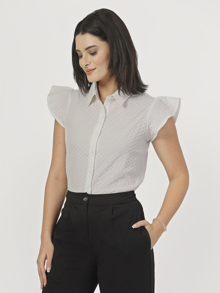 Style Quotient Women White Solid Texture Polyester Cap Sleeve Formal Shirt-Shirts-StyleQuotient